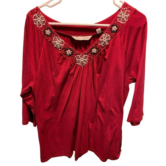 Stylish Red Top With Beaded Embellishments By Avenue Size 14/16 - Picture 1 of 4